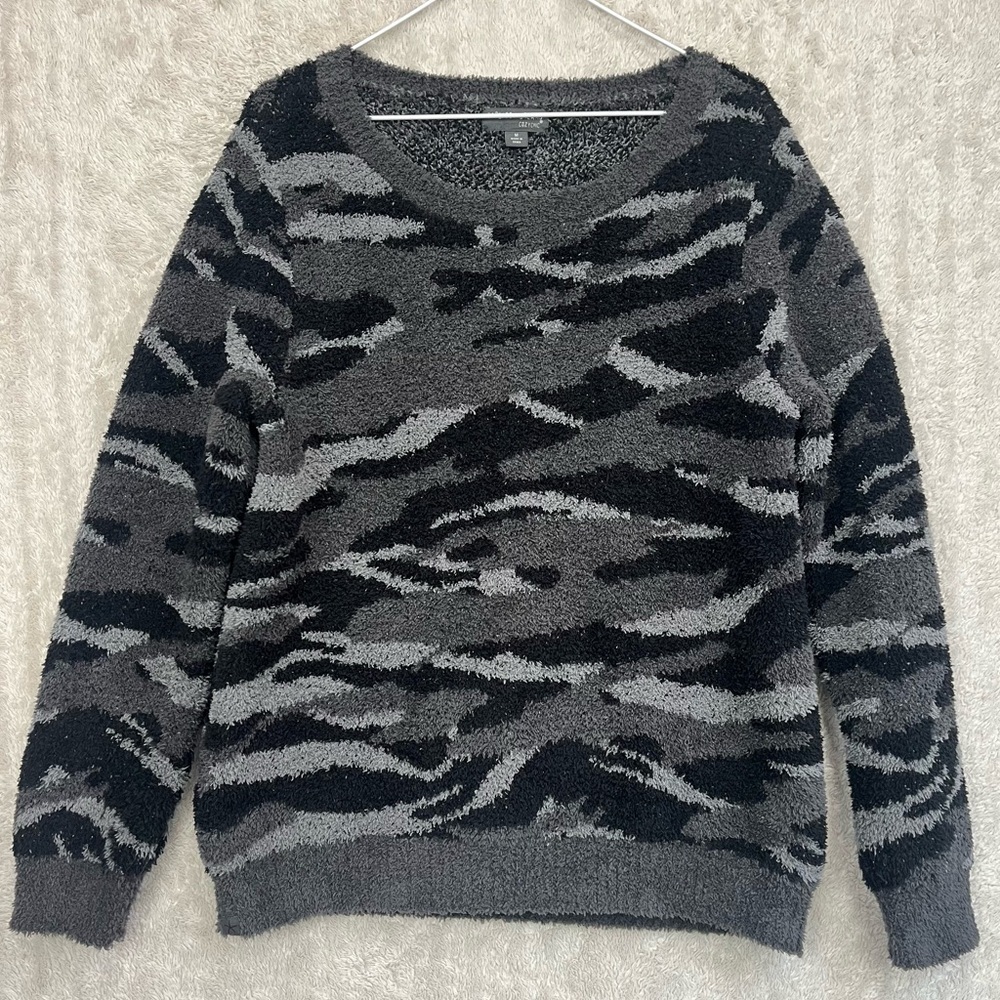 Barefoot Dreams CozyChic Seaside Sweater Crew Chunky Camo Black Gray Sz M